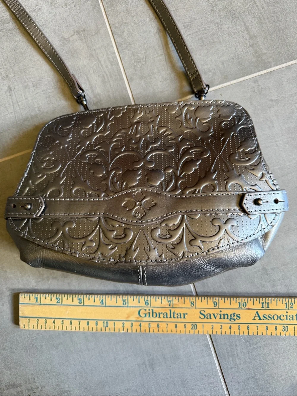 Patricia Nash Vada Frame Handbag Gunmetal Folklore Artesian Tooled Leather Bag
